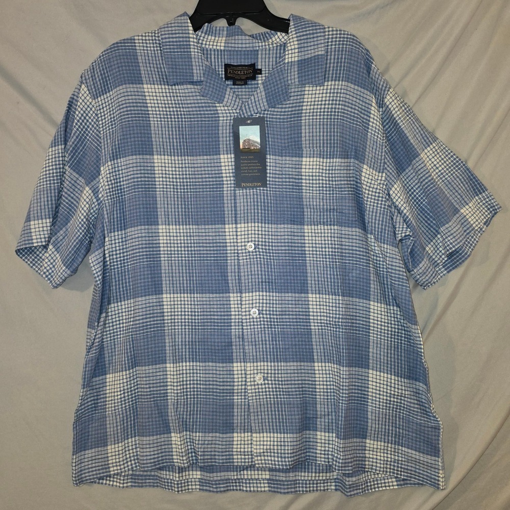 Pendleton Shirt XL Mens Blue Plaid Linen Blend Short Sleeve Camp Collar NWT